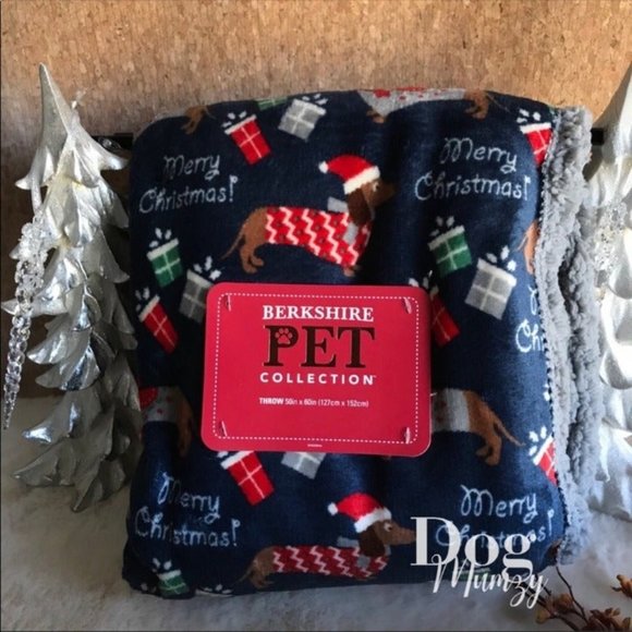 Dachshund Berkshire Christmas Holiday Grey Sherpa Pet Navy Throw - Picture 4 of 4